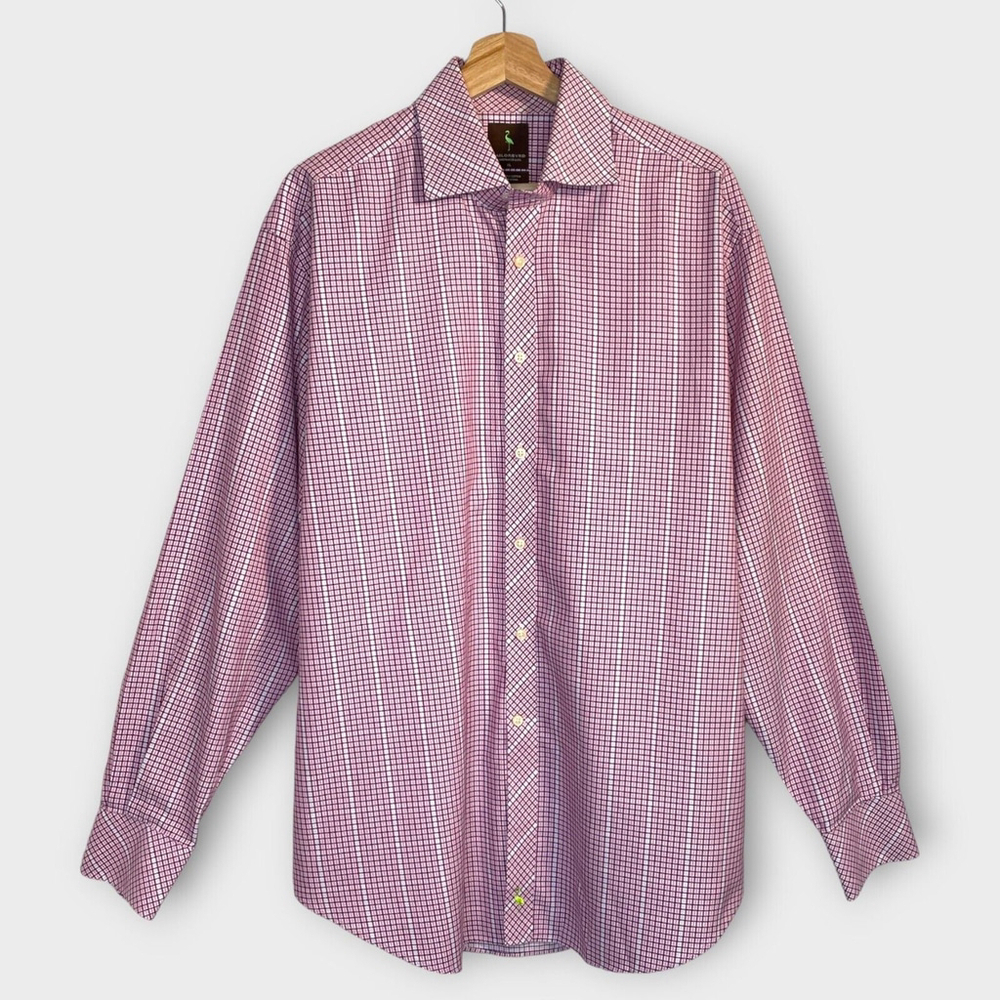 Taylor Byrd Mens Pink Burgundy Plaid Check Button Up Dress Shirt XL 100% Cotton